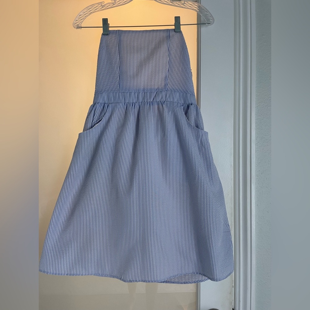 Francesca Blue White Striped Sear Sucker Sleeveless Dress With Pockets Size M